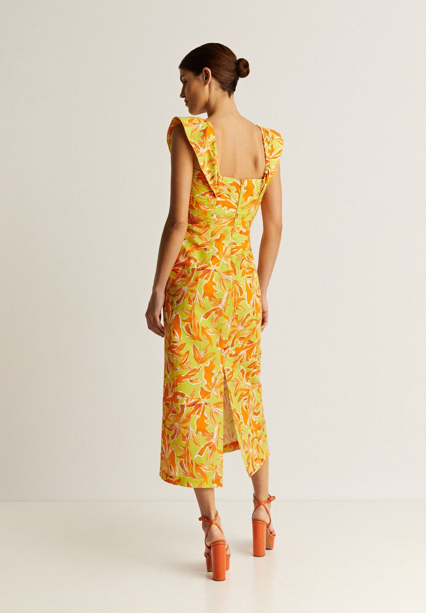 VESTIDO LINO MIDI DRAPEADO PECHO