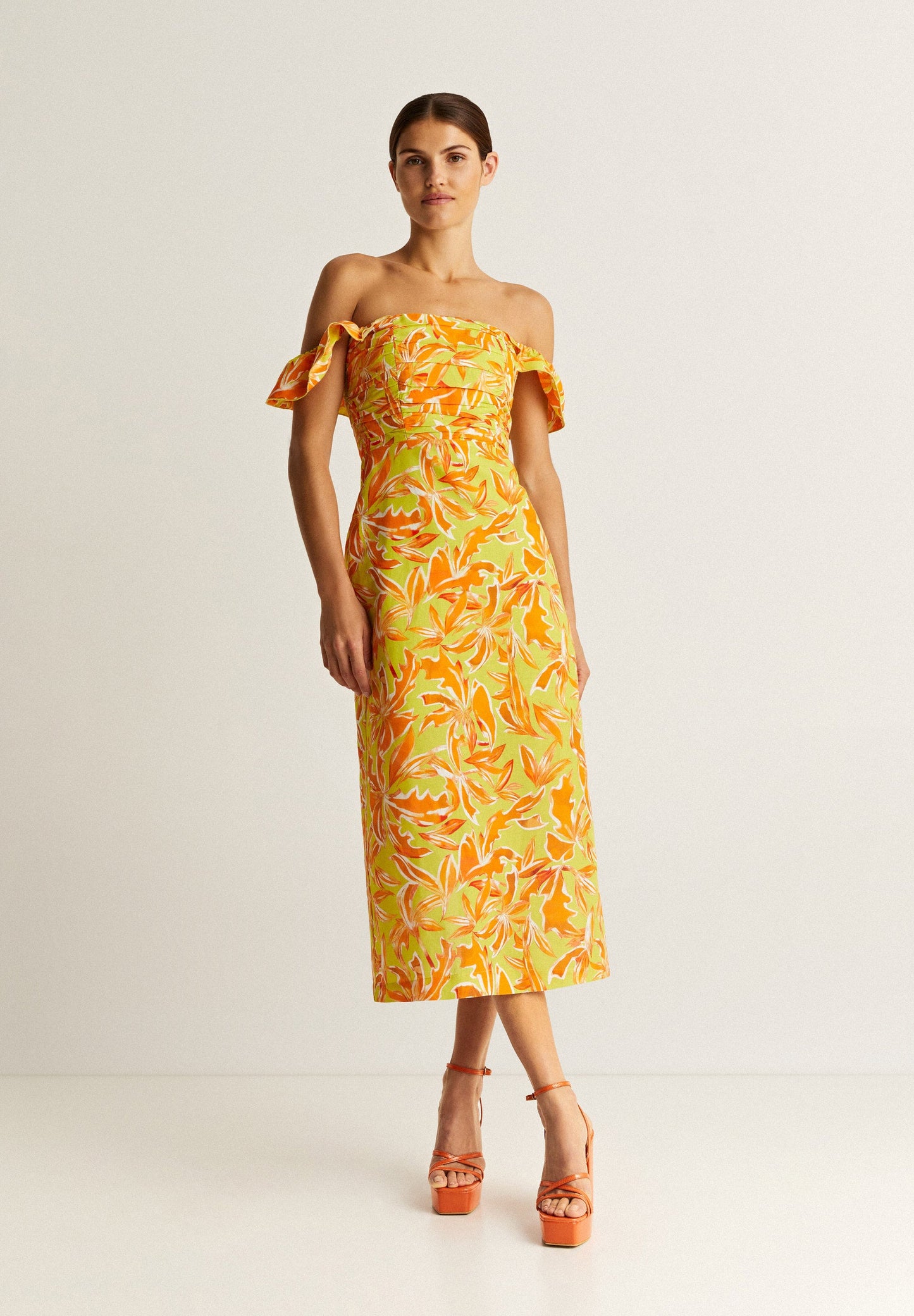 VESTIDO LINO MIDI DRAPEADO PECHO