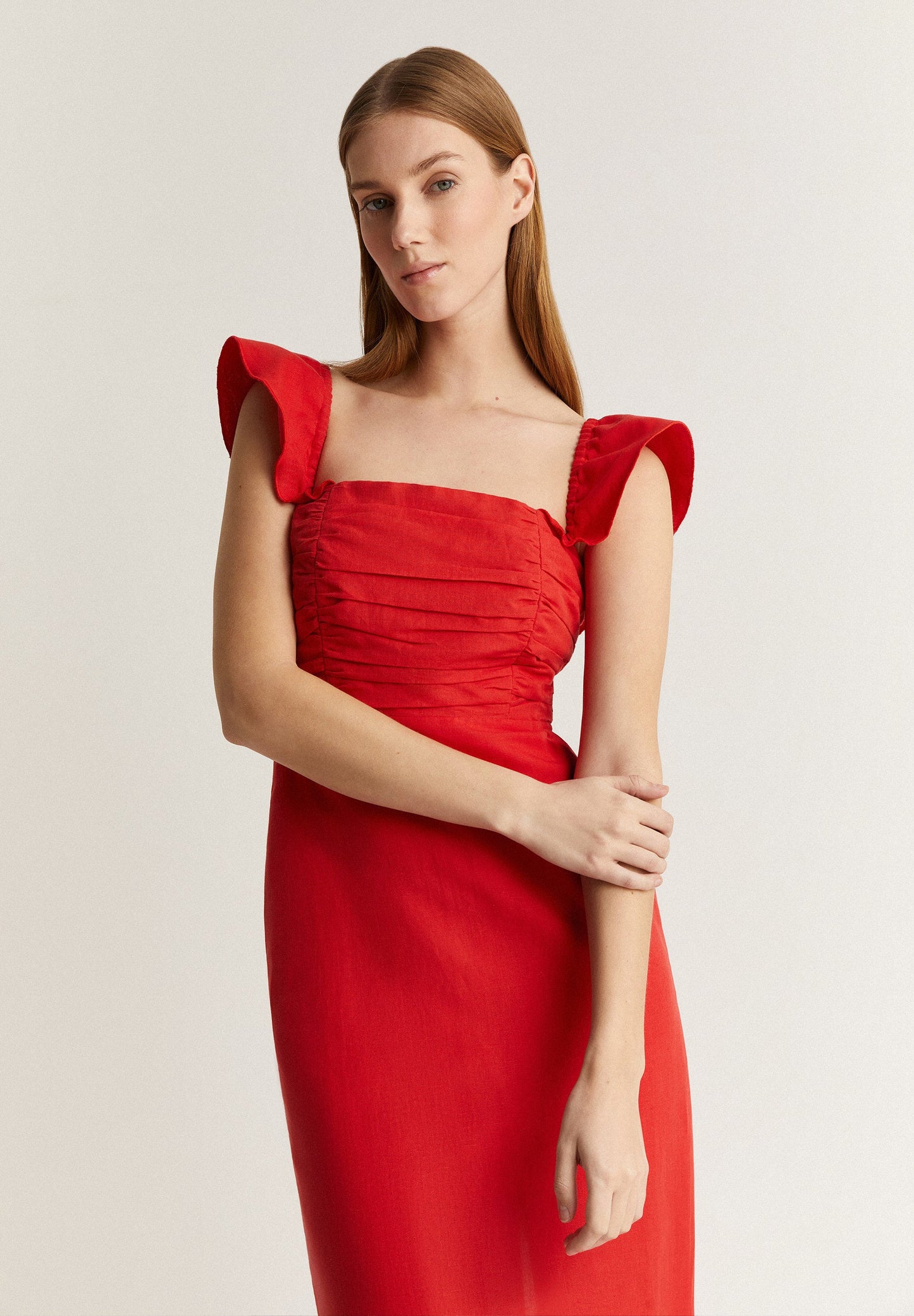 VESTIDO LINO MIDI DRAPEADO PECHO