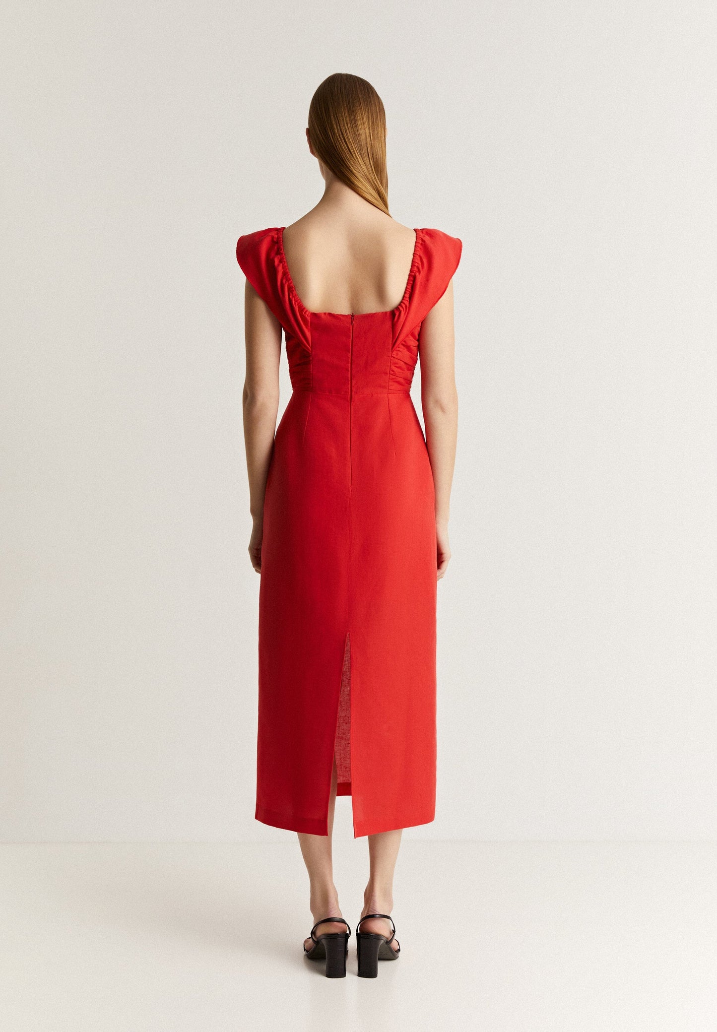 VESTIDO LINO MIDI DRAPEADO PECHO