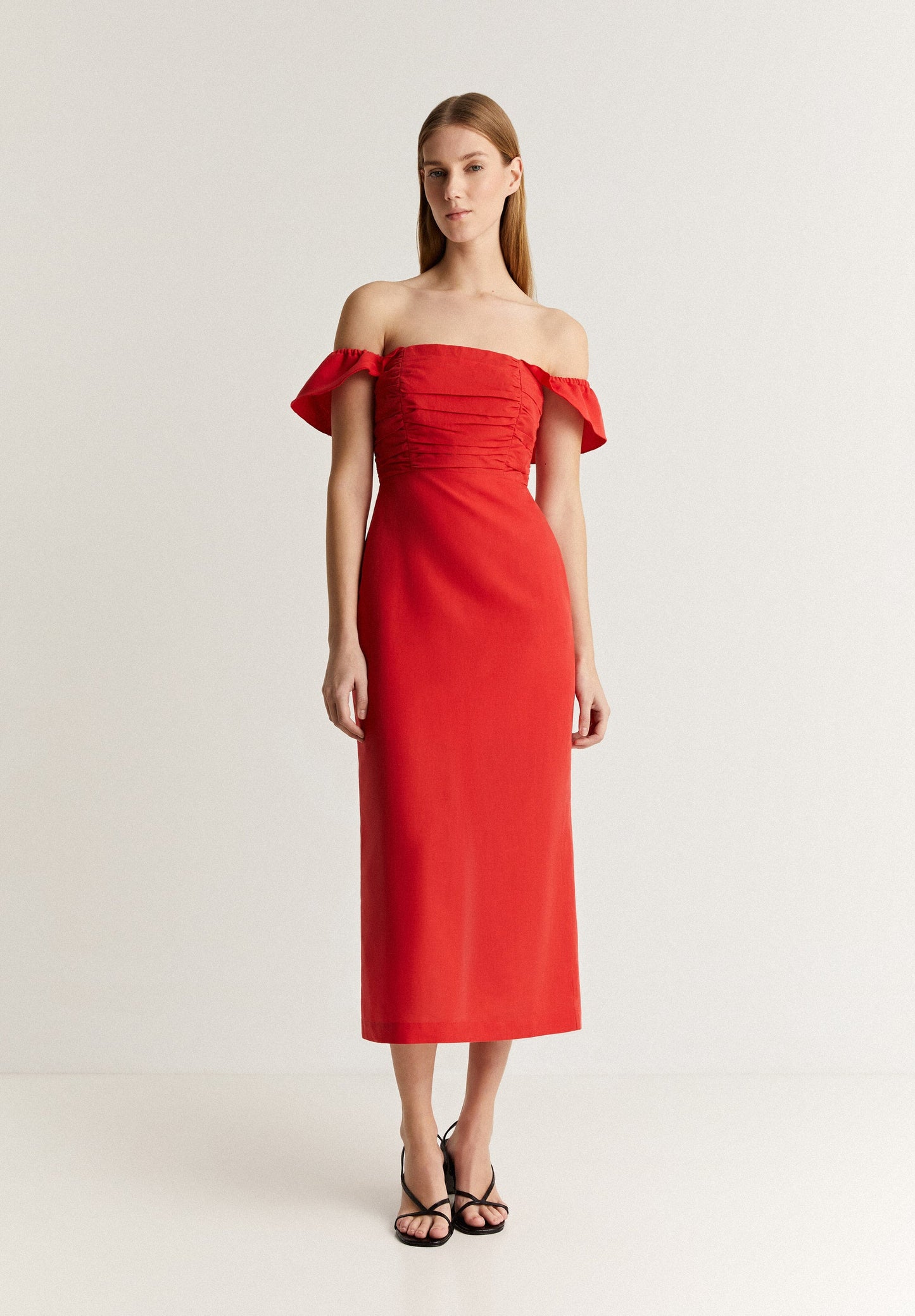 VESTIDO LINO MIDI DRAPEADO PECHO