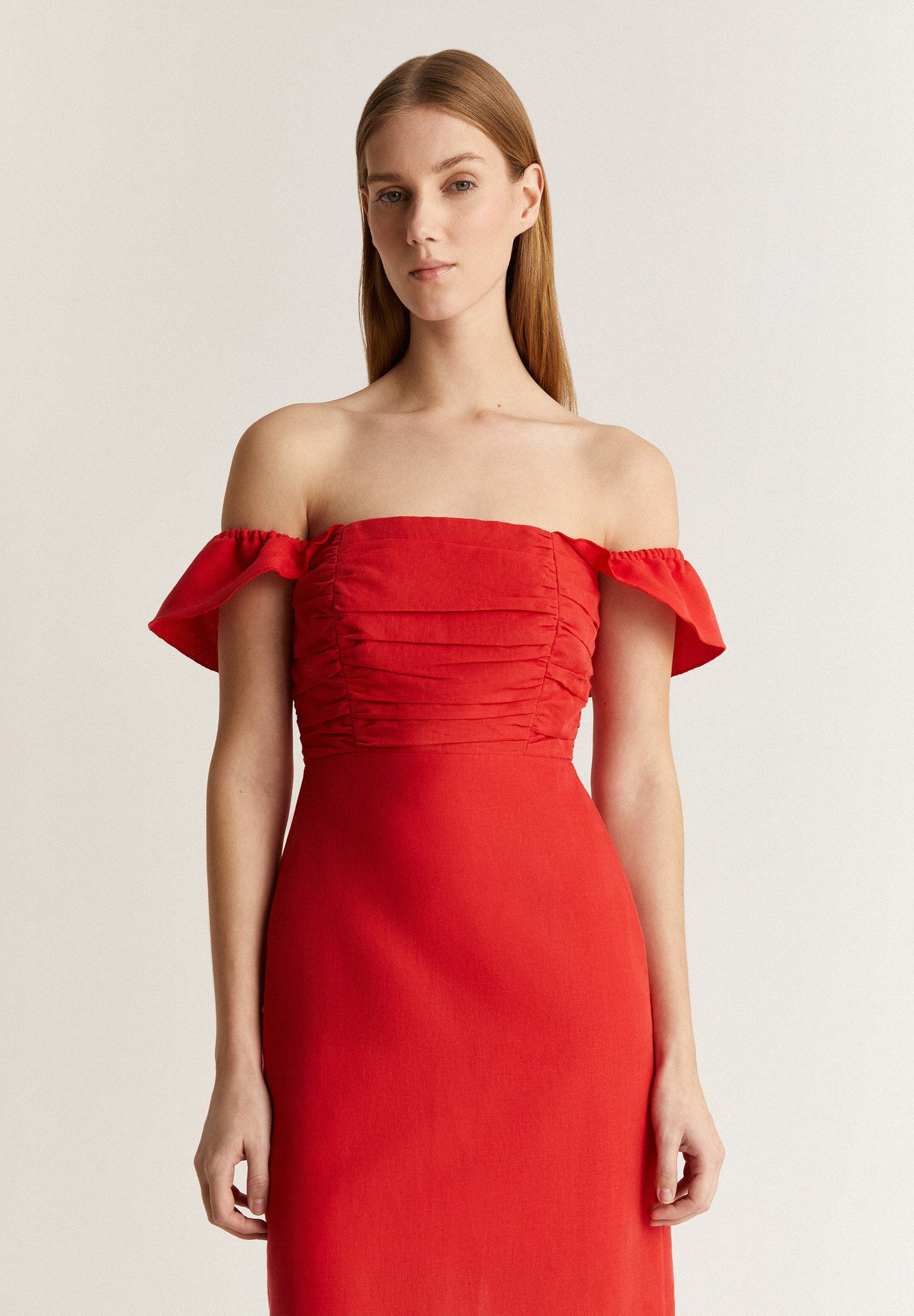VESTIDO LINO MIDI DRAPEADO PECHO