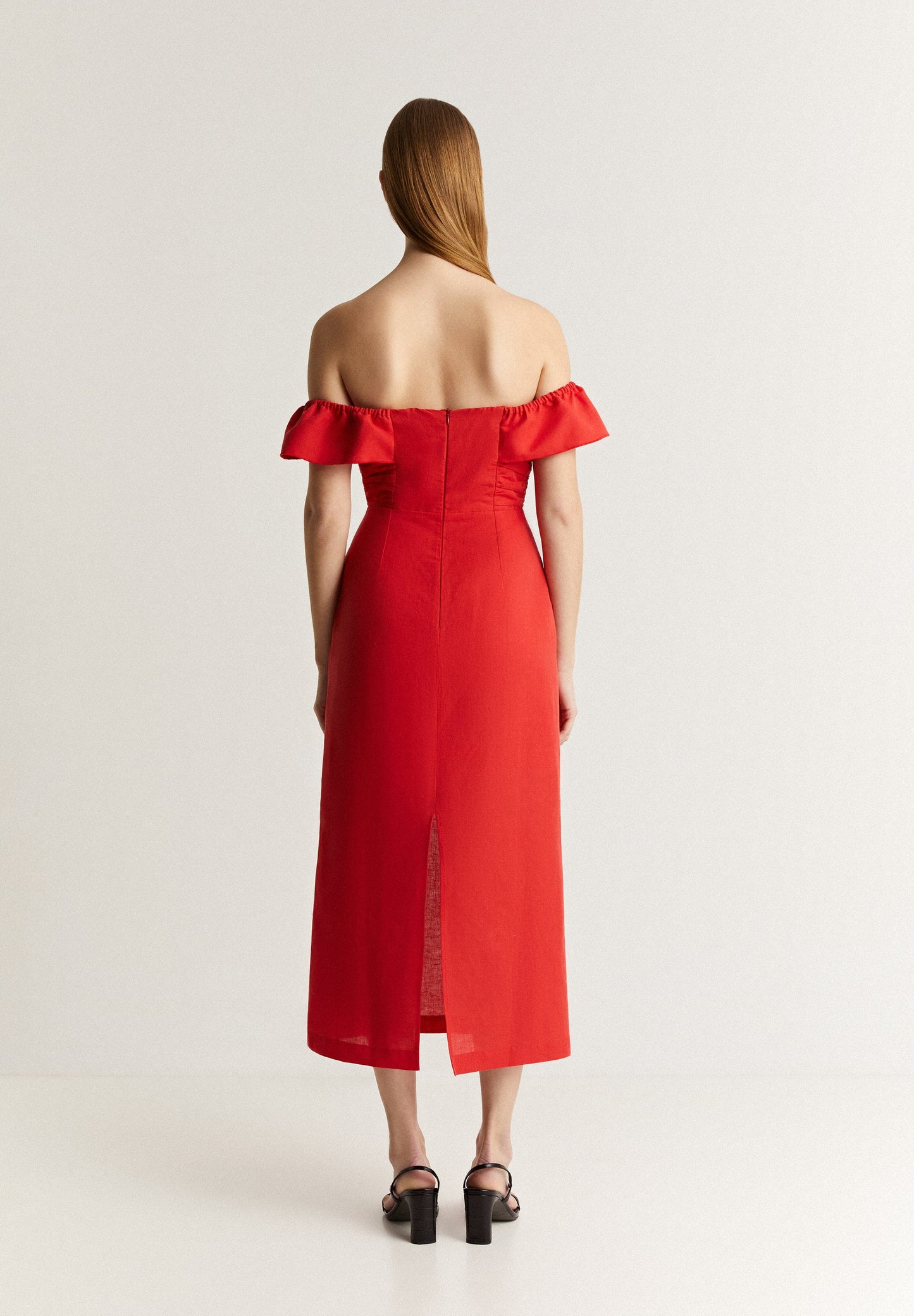 VESTIDO LINO MIDI DRAPEADO PECHO