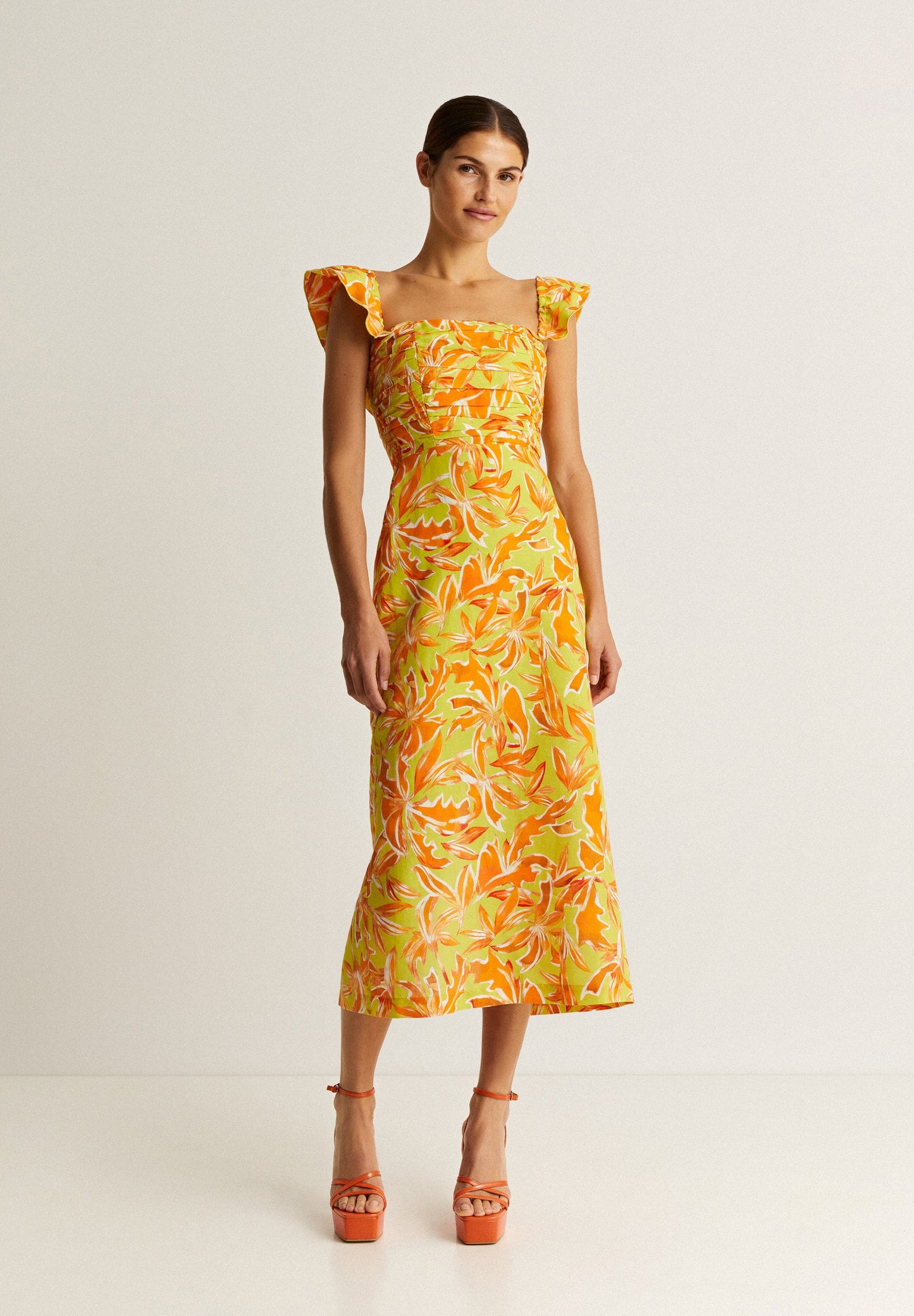 VESTIDO LINO MIDI DRAPEADO PECHO