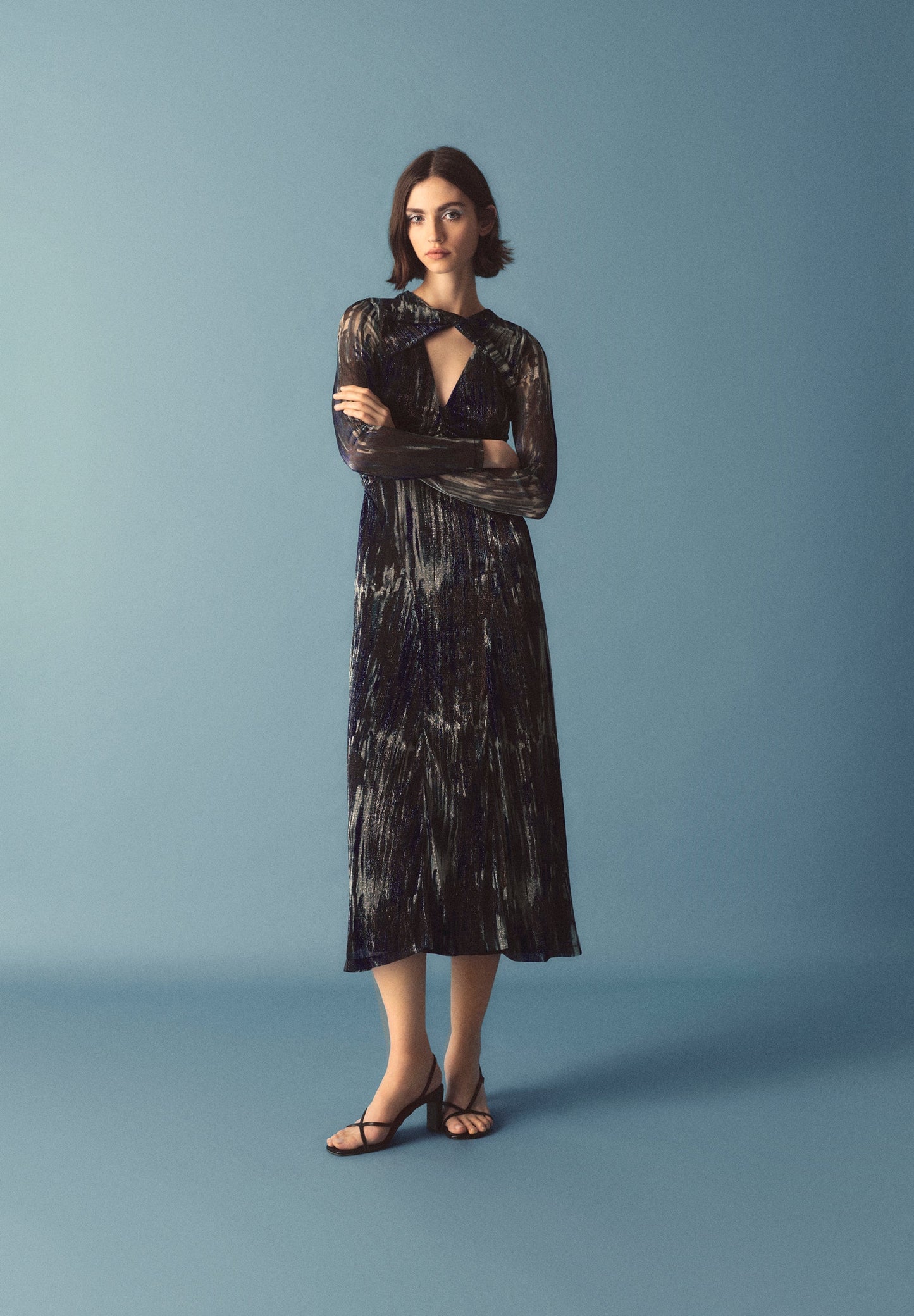 VESTIDO PRINT LUREX ABERTURA ESCOTE