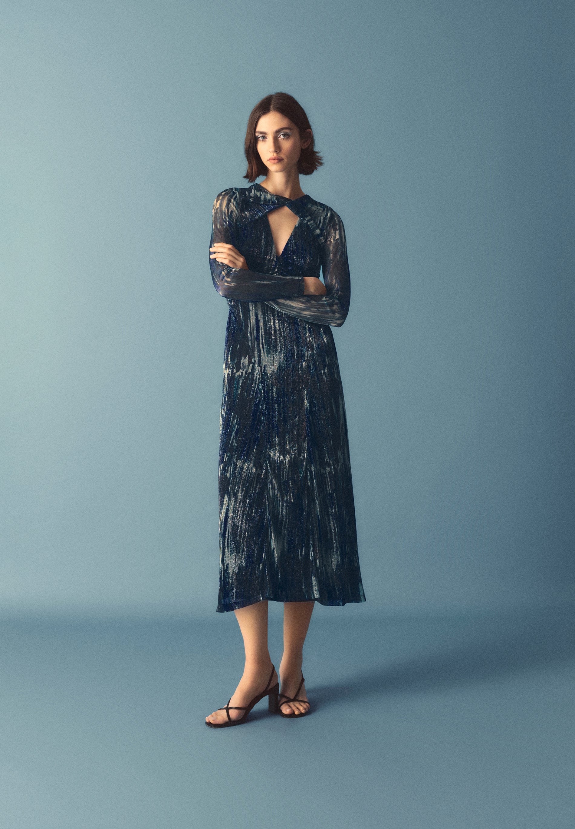 VESTIDO PRINT LUREX ABERTURA ESCOTE