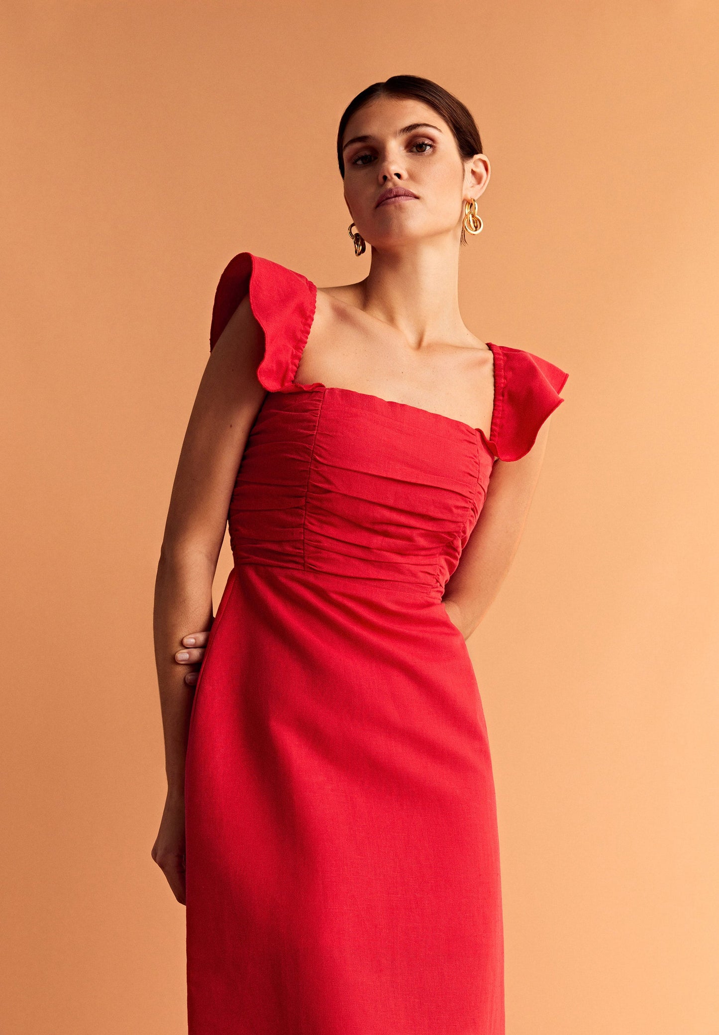 VESTIDO LINO MIDI DRAPEADO PECHO